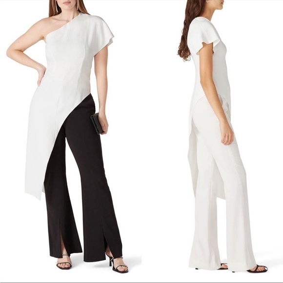CUSHNIE White One Shoulder Draped Flutter Sleeve Asymmetrical Tunic Blouse 12 - Picture 4 of 10